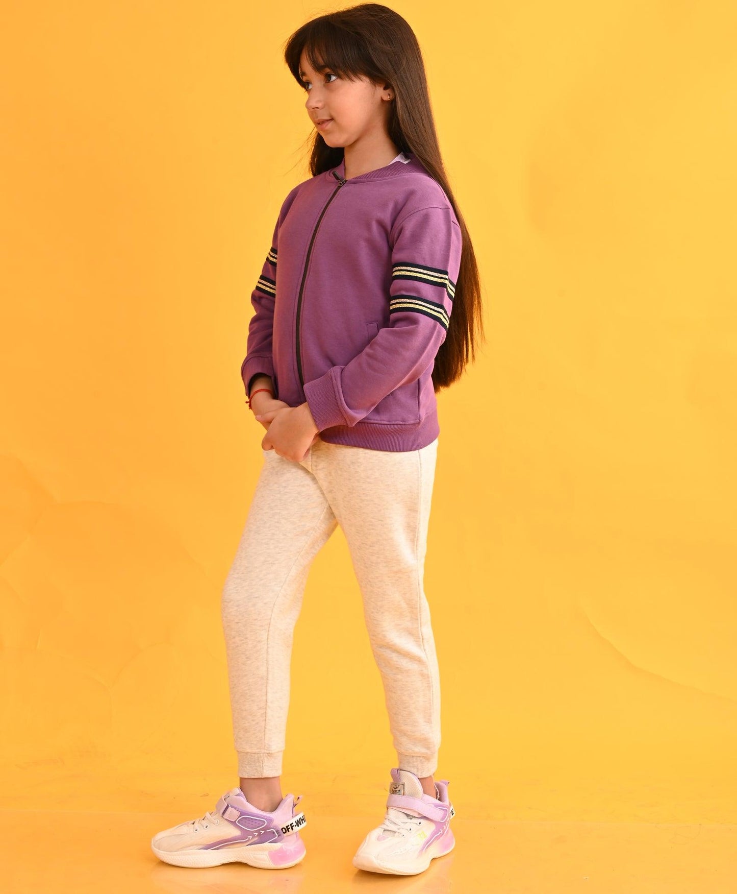 PURPLE GLITTER TAPE ZIPPER ECRU FLEECE SWEATSHIRT JOGGER SET - PURPLE/ECRU