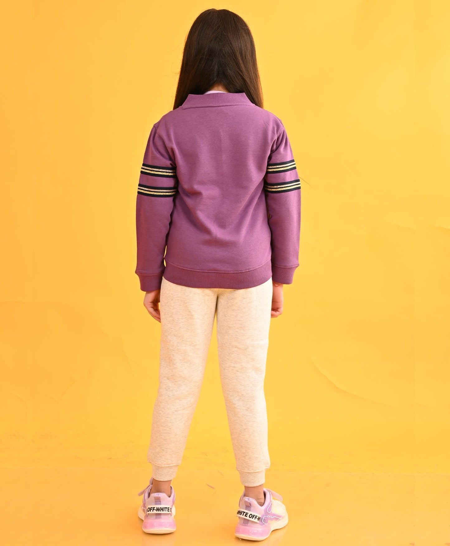 PURPLE GLITTER TAPE ZIPPER ECRU FLEECE SWEATSHIRT JOGGER SET - PURPLE/ECRU