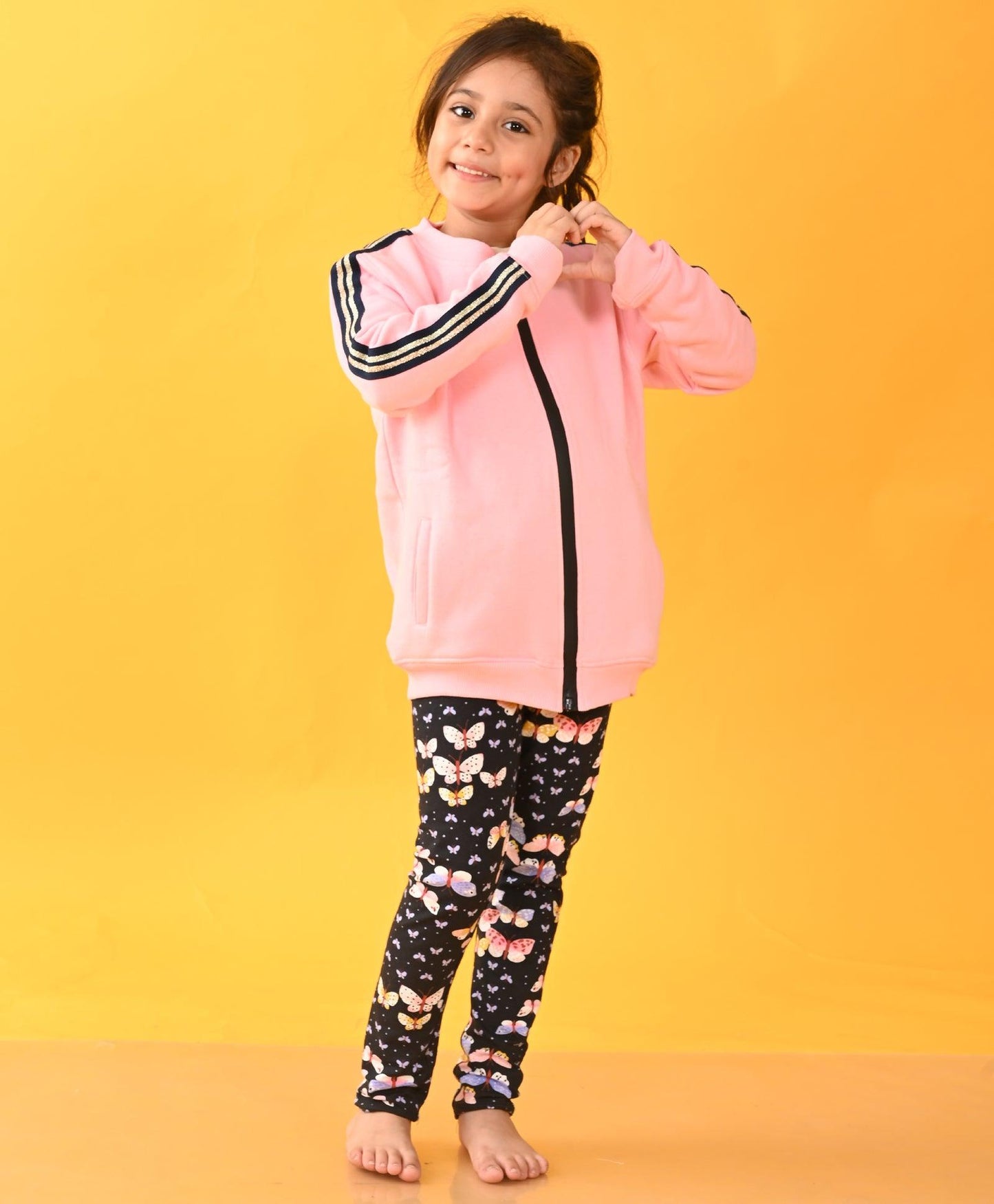 PINK FLEECE ZIP UP BUTTERFLY LEGGINGS SET - PINK / BLACK