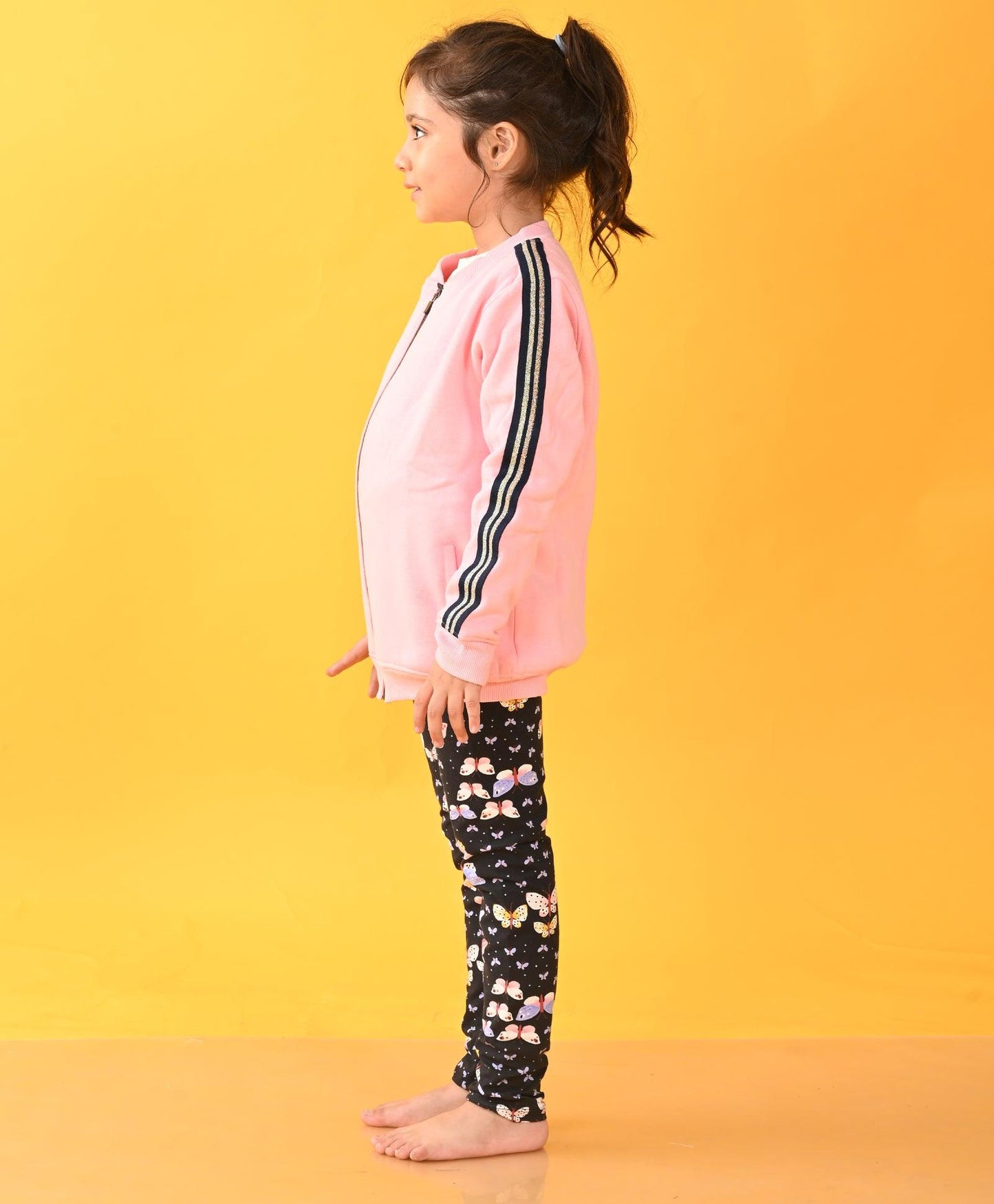 PINK FLEECE ZIP UP BUTTERFLY LEGGINGS SET - PINK / BLACK