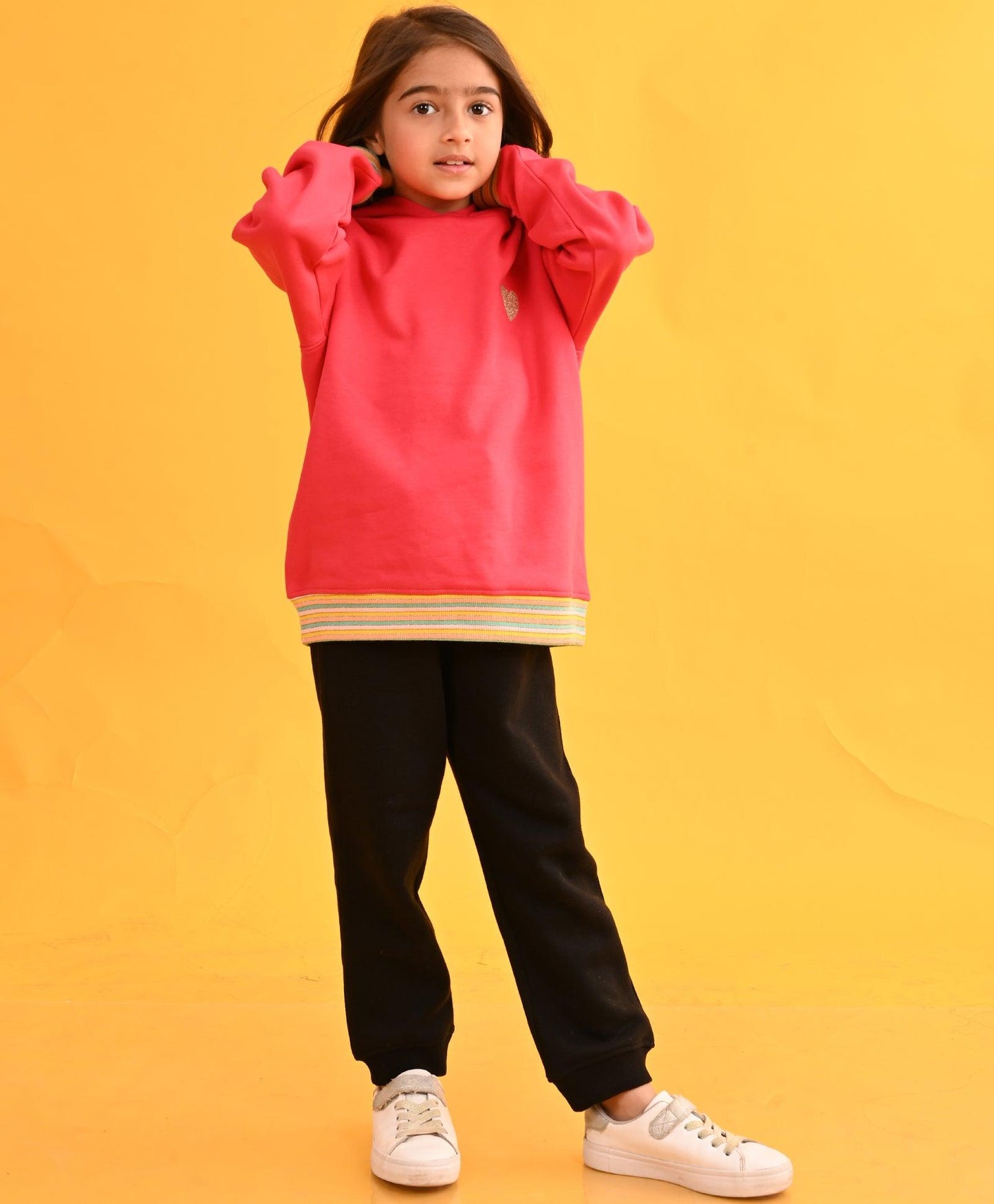 HOT PINK HEART RIBBED FLEECE HOODIE BLACK JOGGER SET - PINK/BLACK