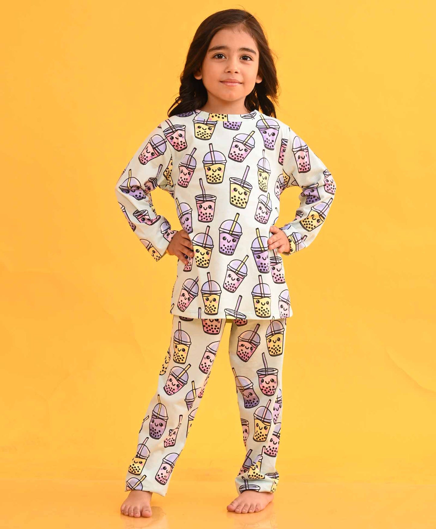 BUBBLE TEA LONG SLEEVES GIRLS PYJAMA SET D - AQUA