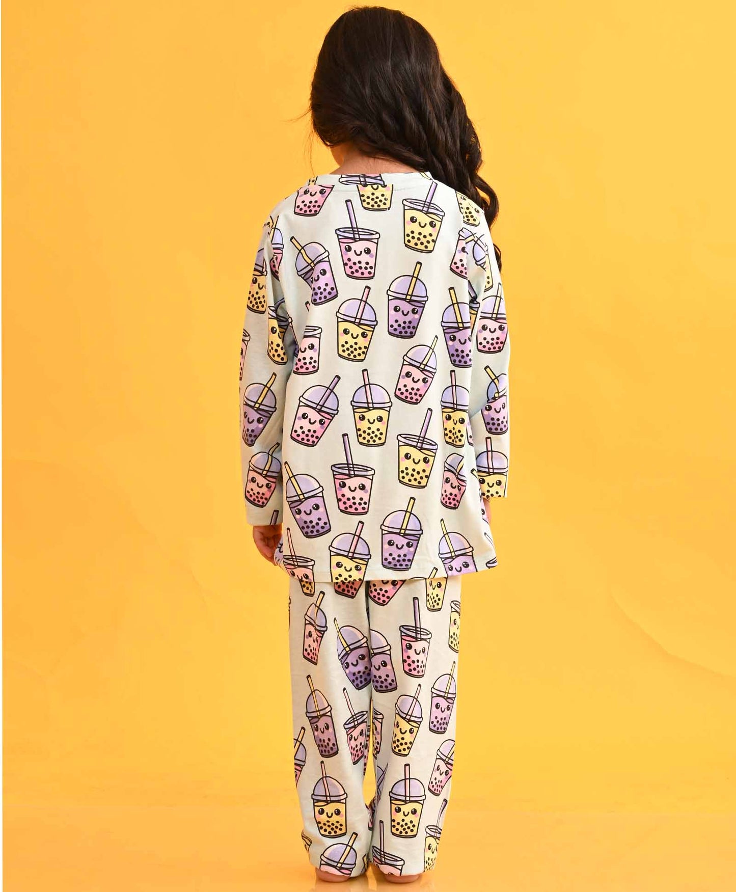BUBBLE TEA LONG SLEEVES GIRLS PYJAMA SET D - AQUA