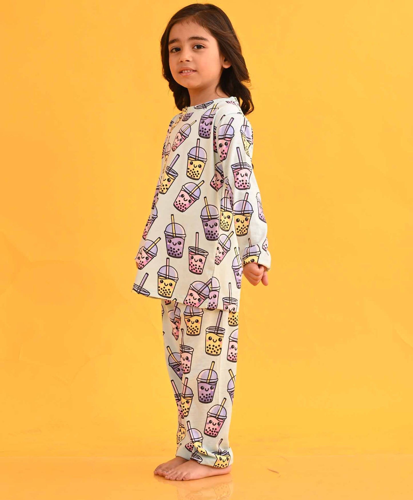 BUBBLE TEA LONG SLEEVES GIRLS PYJAMA SET D - AQUA