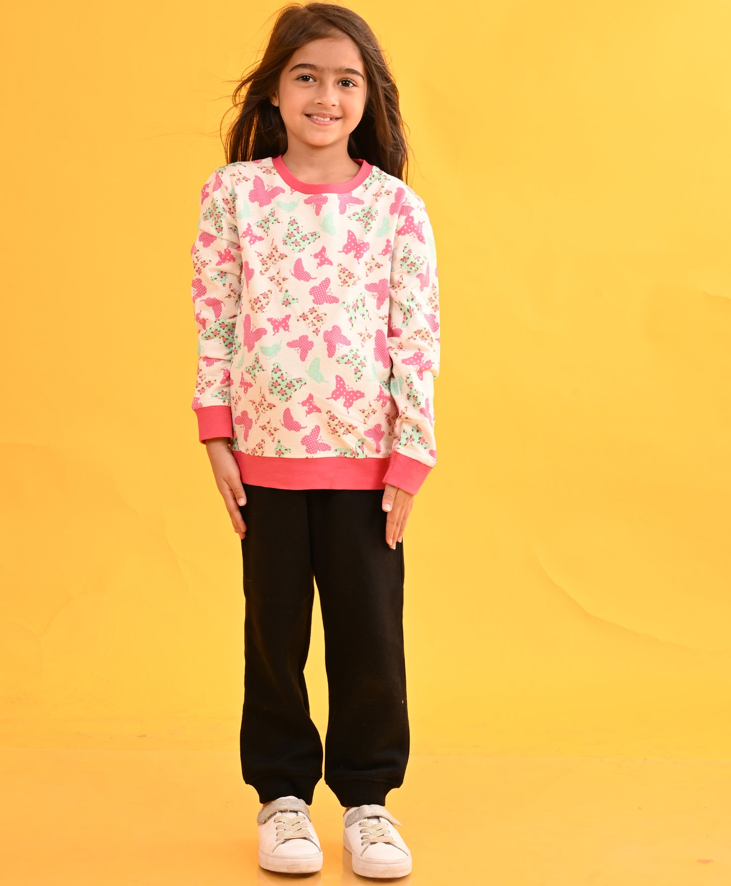BUTTERFLY GIRLS TERRY SWEATSHIRT BLACK JOGGER SET - WHITE/BLACK