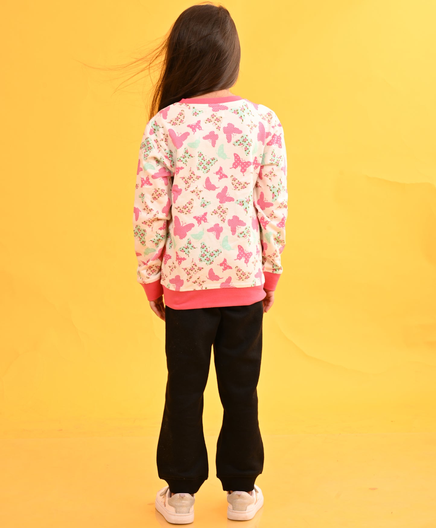 BUTTERFLY GIRLS TERRY SWEATSHIRT BLACK JOGGER SET - WHITE/BLACK