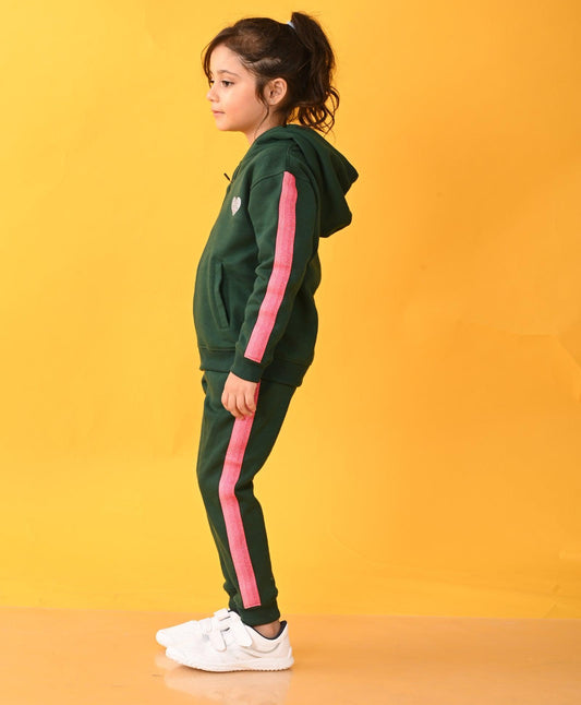 OLIVE FLEECE PINK GLITTER TAPE ZIPPER HOODIE JOGGER SET D - OLIVE - Anthrilo