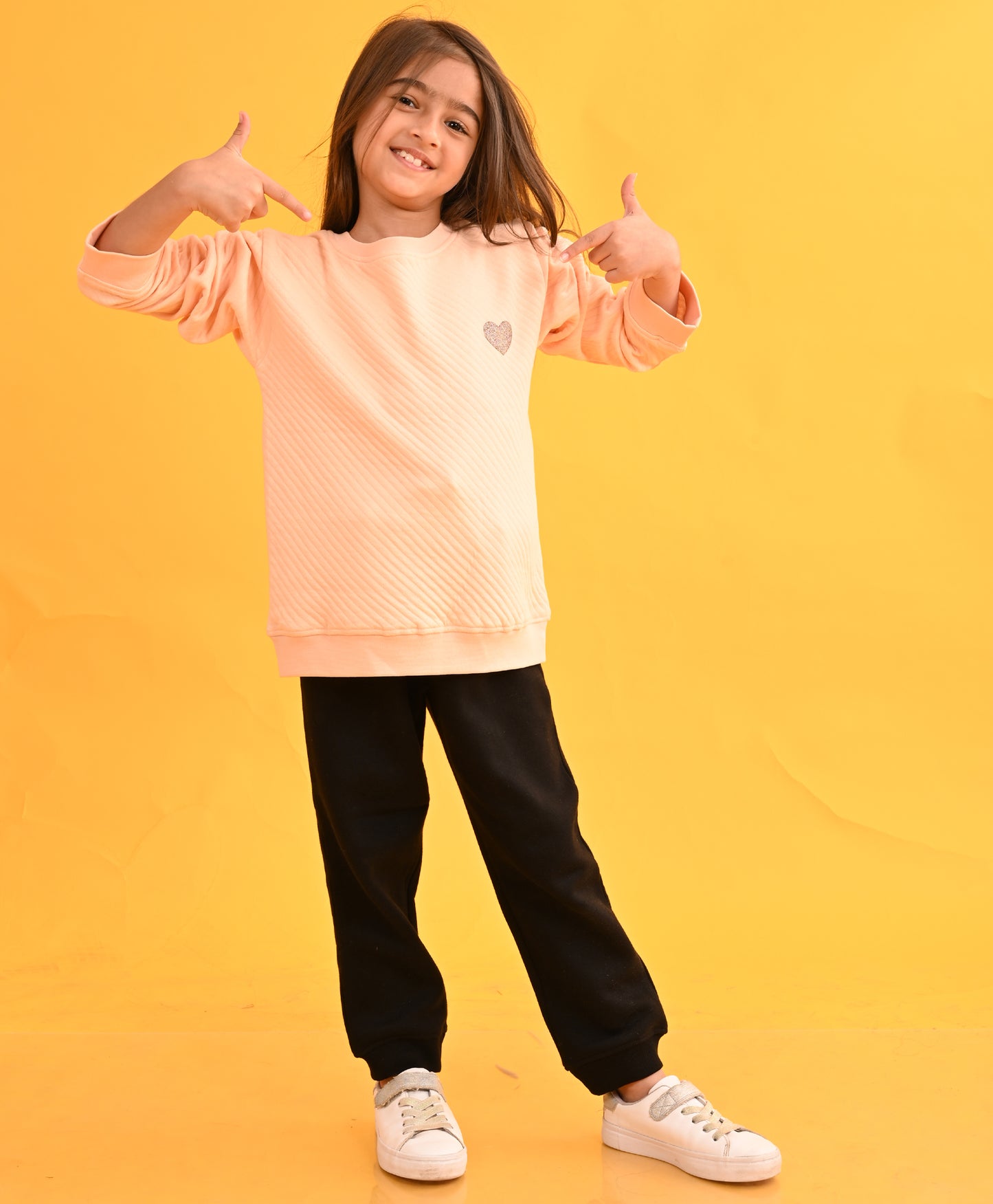 PEACH QUILTED GIRLS SWEATSHIRT BLACK FLEECE JOGGER SET - PEACH / BLACK