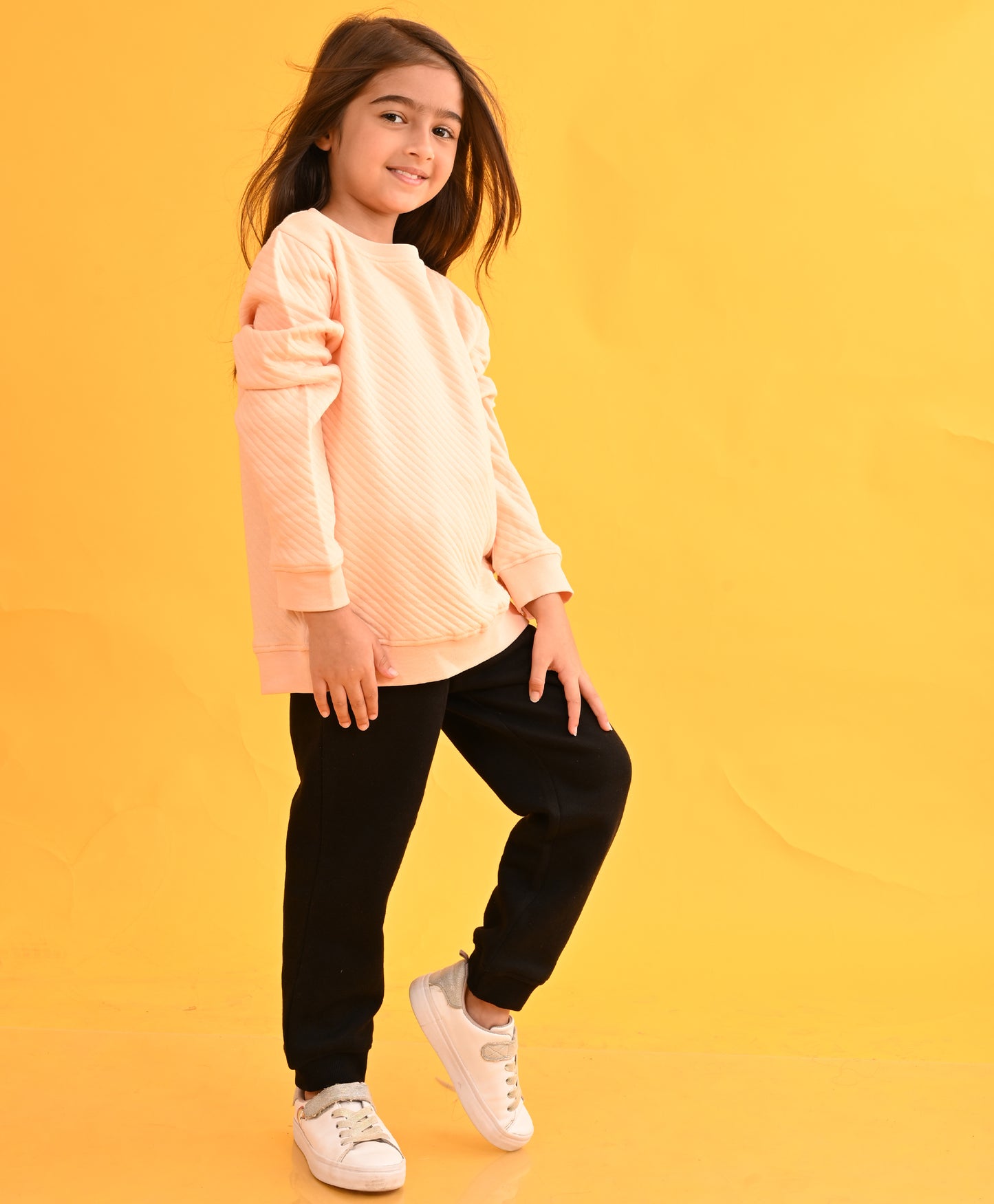 PEACH QUILTED GIRLS SWEATSHIRT BLACK FLEECE JOGGER SET - PEACH / BLACK
