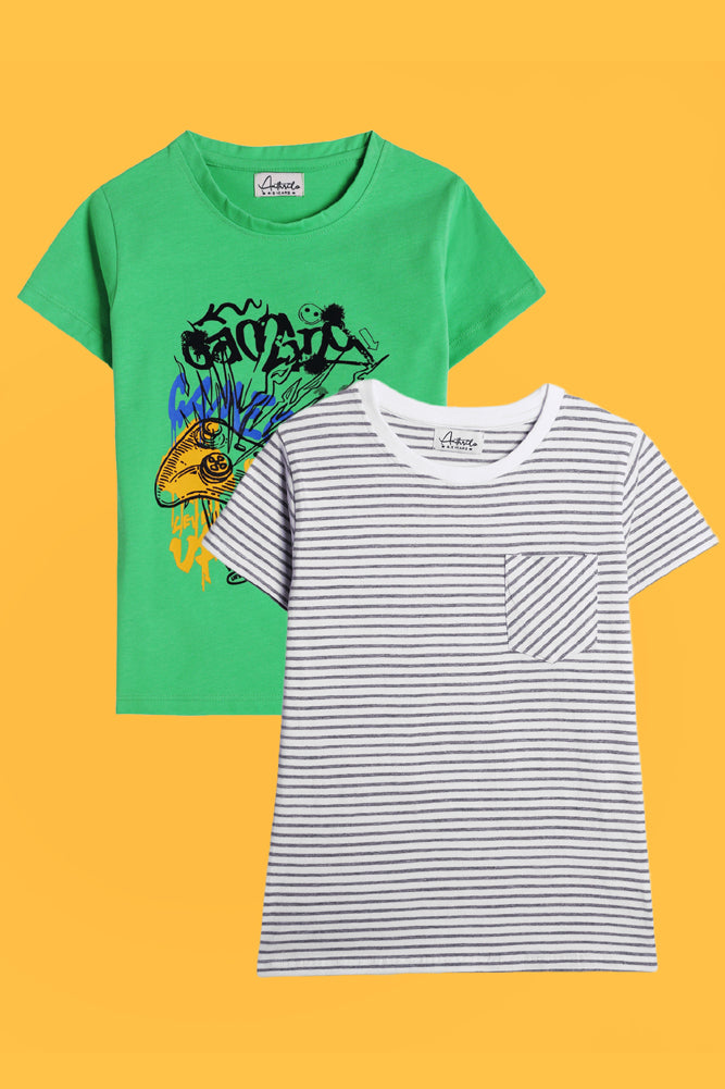 GAMING GREEN AND GREY STRIPES SHORT SLEEVE T-SHIRT (PACK OF 2) - Anthrilo India