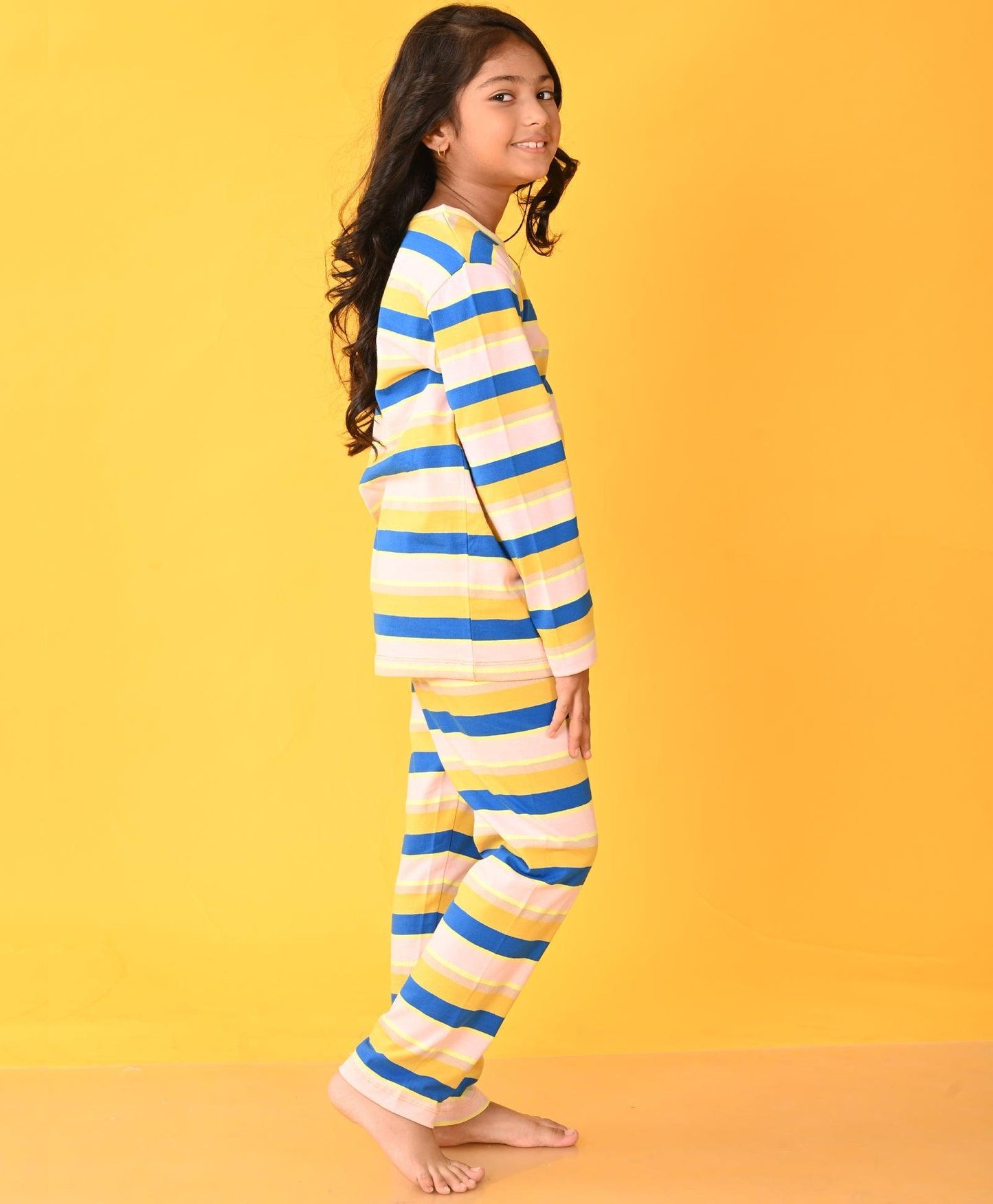 PINK ROYAL YELLOW STRIPED LONG SLEEVES GIRLS PYJAMA SET - Anthrilo