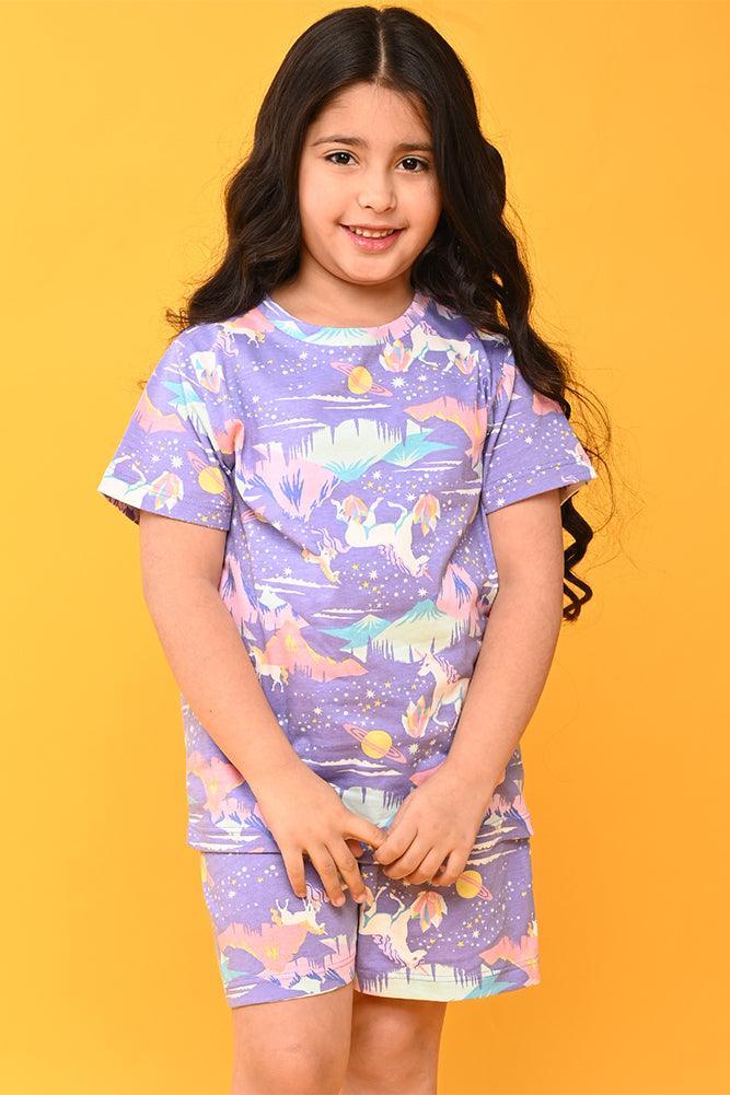 UNICORN PLANET SLEEPWEAR SHORTS SET - PURPLE - Anthrilo India