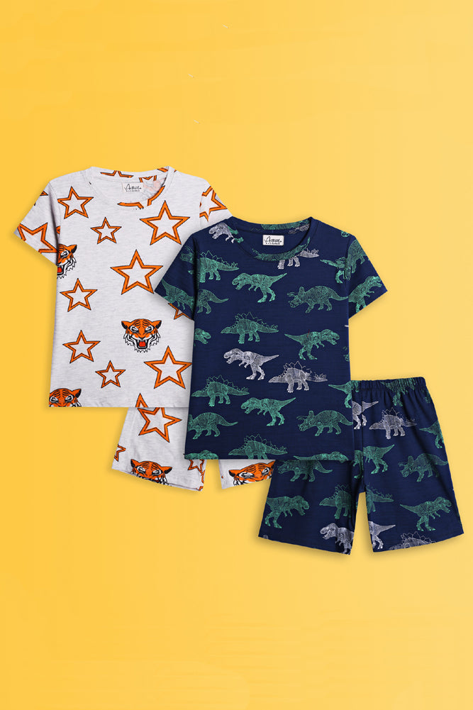 DINOSAUR NAVY AND TIGER STAR SLEEPWEAR SHORTS SET (PACK OF 2) - Anthrilo India