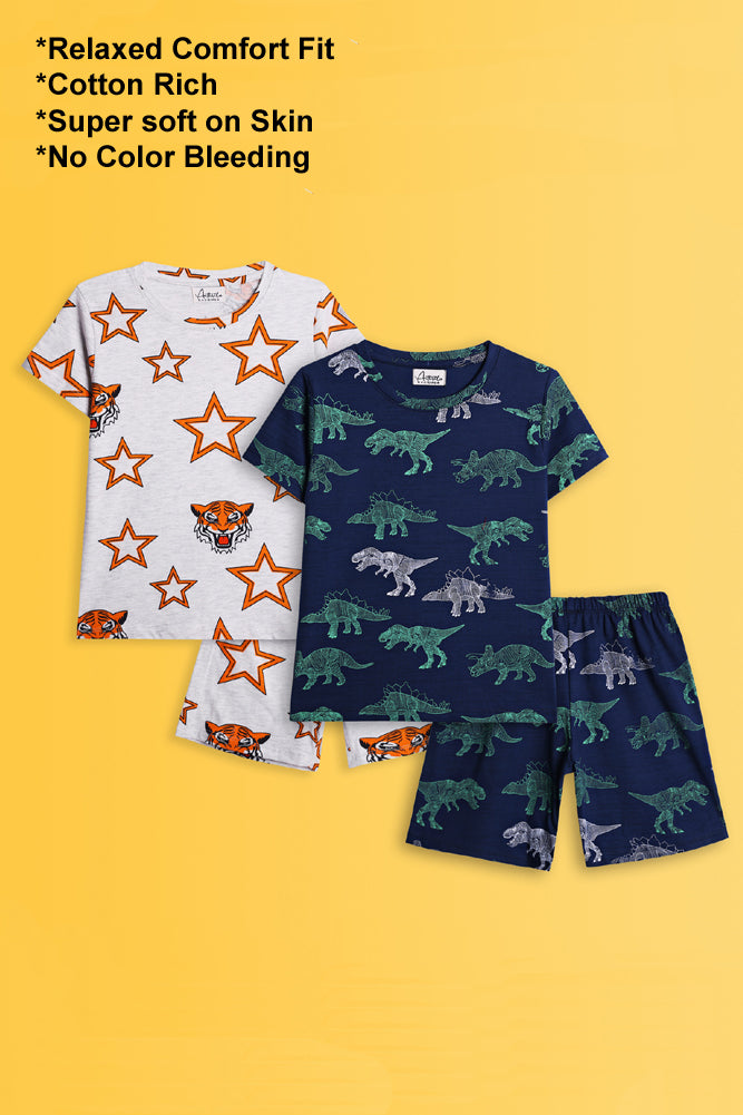 DINOSAUR NAVY AND TIGER STAR SLEEPWEAR SHORTS SET (PACK OF 2) - Anthrilo India