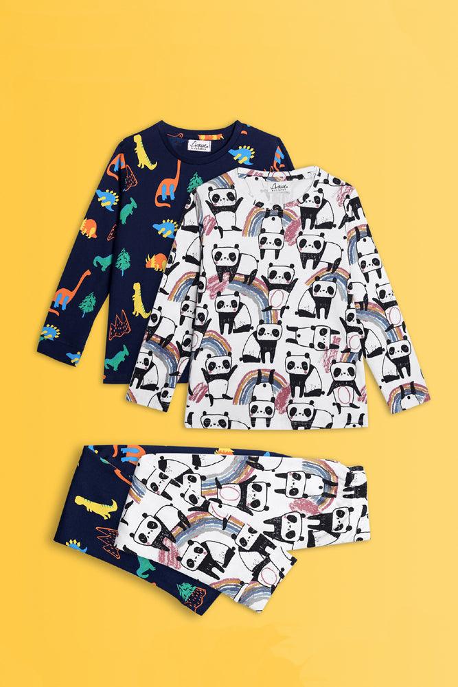 PANDA WHITE AND DINOSAUR FUN NAVY LONG SLEEVE PYJAMA SET (PACK OF 2) - Anthrilo India