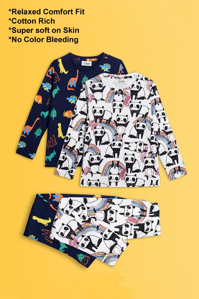 PANDA WHITE AND DINOSAUR FUN NAVY LONG SLEEVE PYJAMA SET (PACK OF 2) - Anthrilo India
