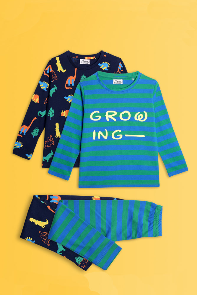 GROWING STRIPED AND DINOSAUR FUN NAVY LONG SLEEVE PYJAMA SET (PACK OF 2) - Anthrilo India