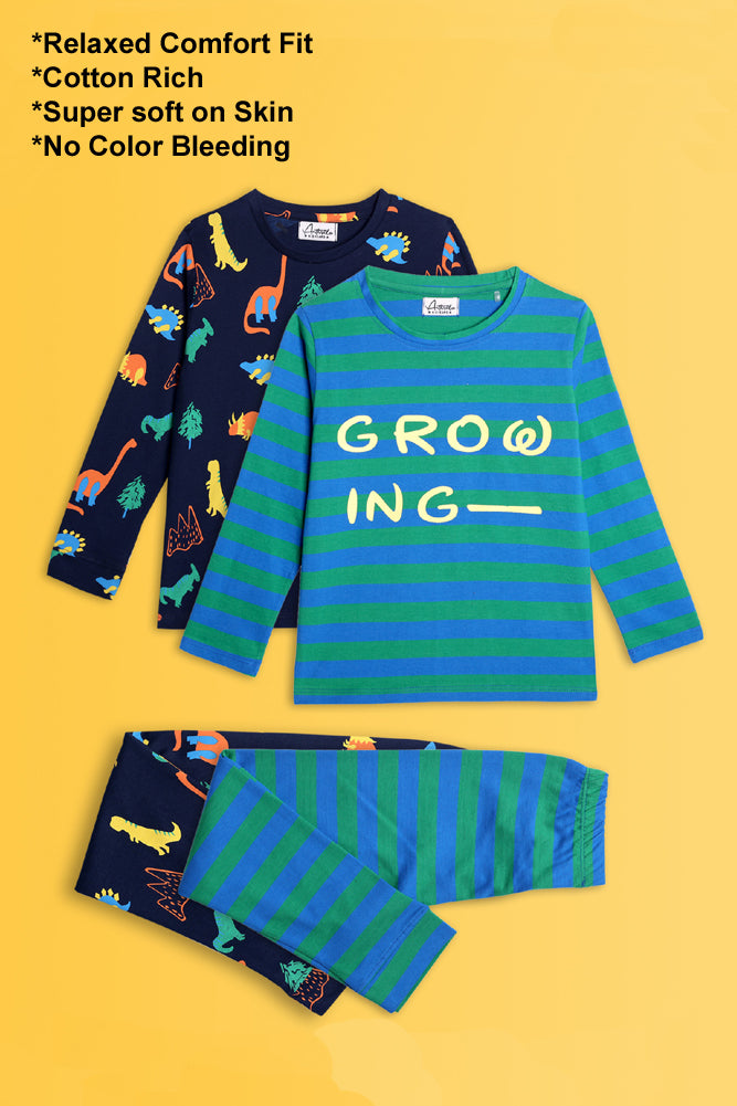 GROWING STRIPED AND DINOSAUR FUN NAVY LONG SLEEVE PYJAMA SET (PACK OF 2) - Anthrilo India