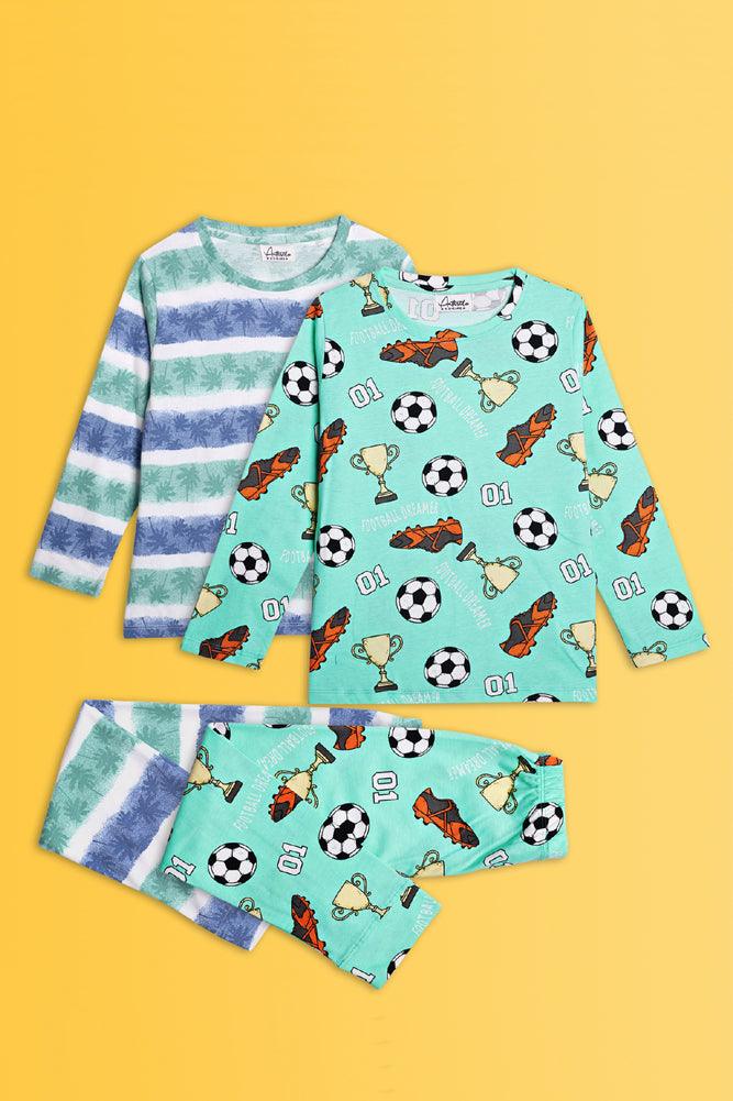 FOOTBALL GREEN AND PALM STRIPE LONG SLEEVE PYJAMA SET (PACK OF 2) - Anthrilo India