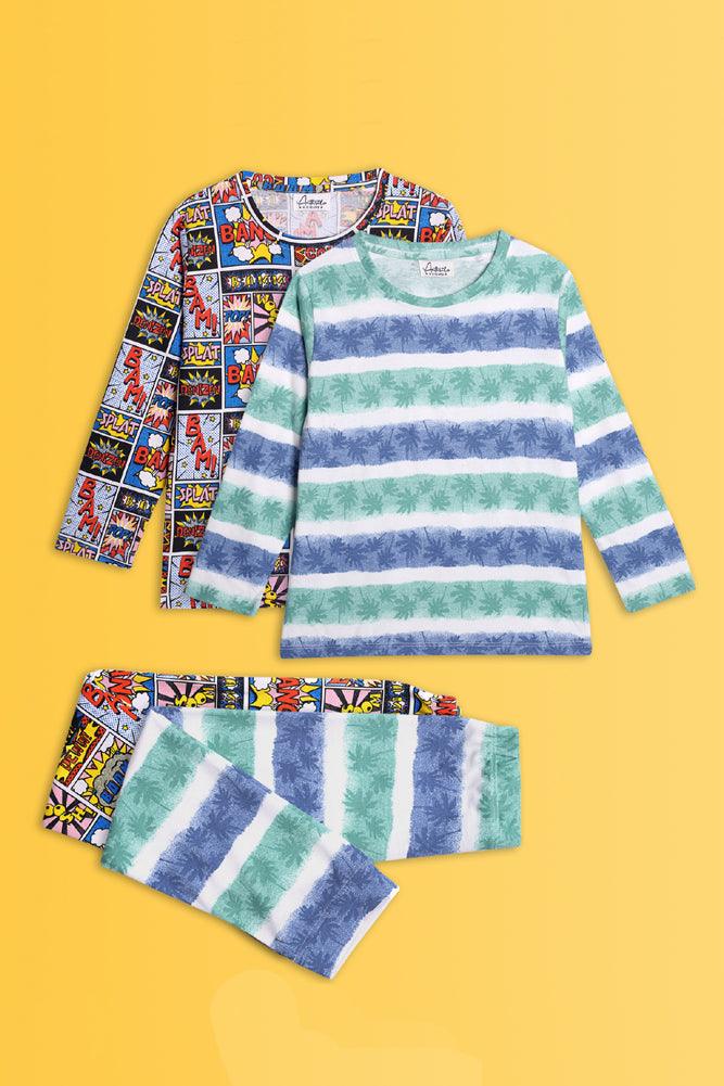 PALM STRIPE AND SUPERHERO LONG SLEEVE PYJAMA SET (PACK OF 2) - Anthrilo India