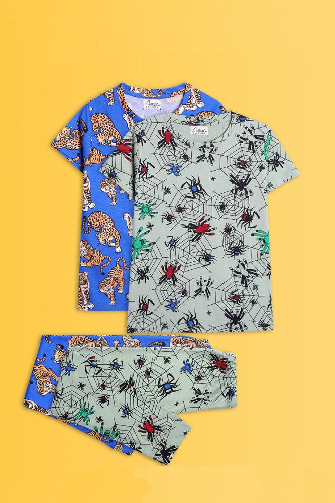SPIDER GREEN AND TIGER BLUE SHORT SLEEVE PYJAMA SET (PACK OF 2) - Anthrilo India