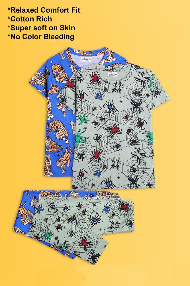 SPIDER GREEN AND TIGER BLUE SHORT SLEEVE PYJAMA SET (PACK OF 2) - Anthrilo India