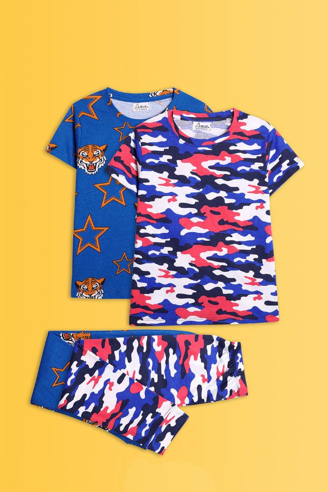 CAMOUFLAGE WHITE AND TIGER BLUE STAR SHORT SLEEVE PYJAMA SET (PACK OF 2) - Anthrilo India
