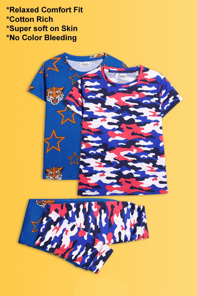 CAMOUFLAGE WHITE AND TIGER BLUE STAR SHORT SLEEVE PYJAMA SET (PACK OF 2) - Anthrilo India