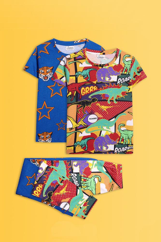 DINOSAUR RED AND TIGER STAR SHORT SLEEVE PYJAMA SET (PACK OF 2) - Anthrilo India