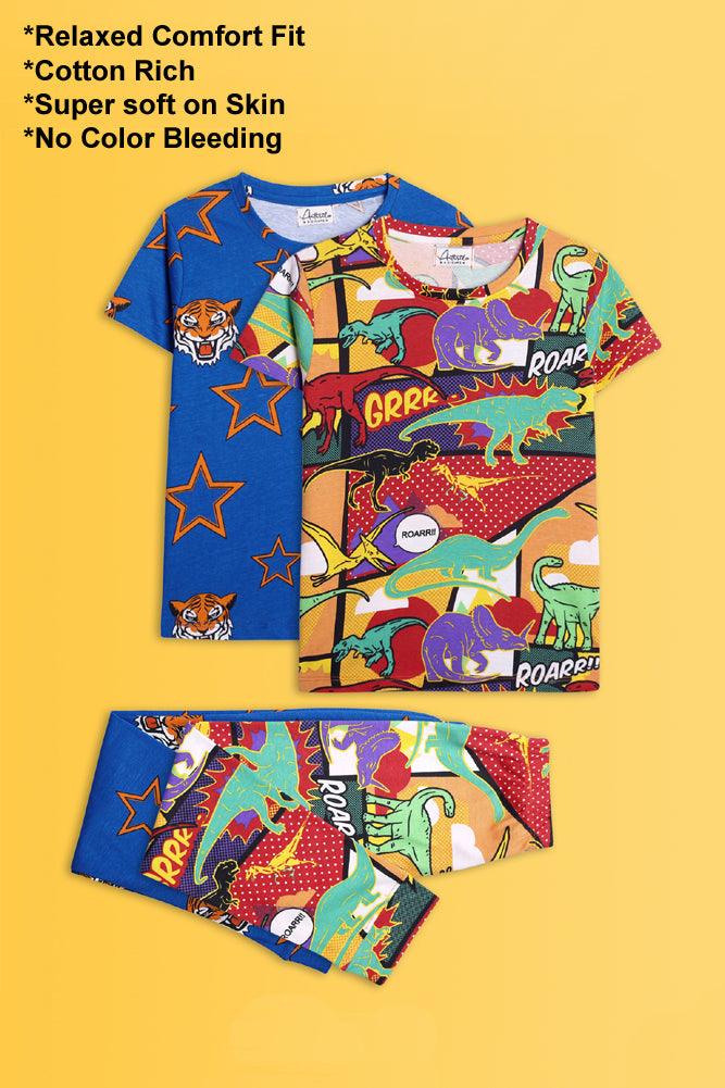 DINOSAUR RED AND TIGER STAR SHORT SLEEVE PYJAMA SET (PACK OF 2) - Anthrilo India