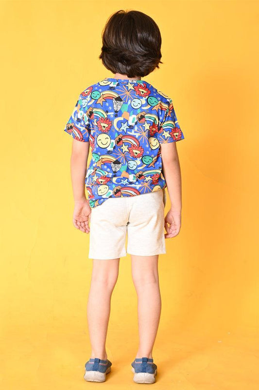 ANIMAL ECRU MELANGE SHORTS SET- BLUE/ECRU MEL. - Anthrilo India