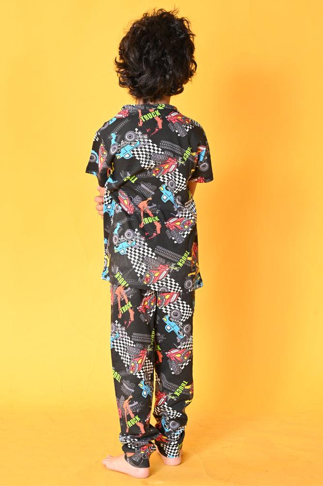 TRUCK BLACK SHORT SLEEVES PYJAMA SET - BLACK - Anthrilo India