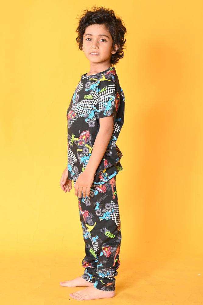 TRUCK BLACK SHORT SLEEVES PYJAMA SET - BLACK - Anthrilo India