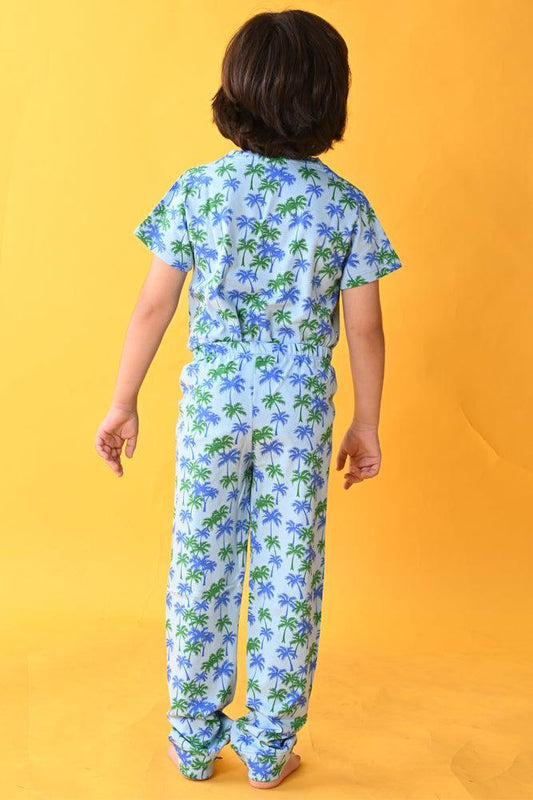 SKY PALM TREE SHORT SLEEVES PYJAMA SET - BLUE - Anthrilo India