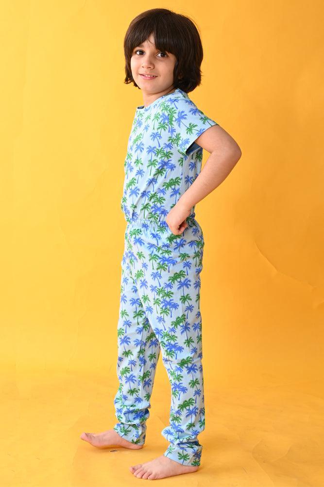 SKY PALM TREE SHORT SLEEVES PYJAMA SET - BLUE - Anthrilo India