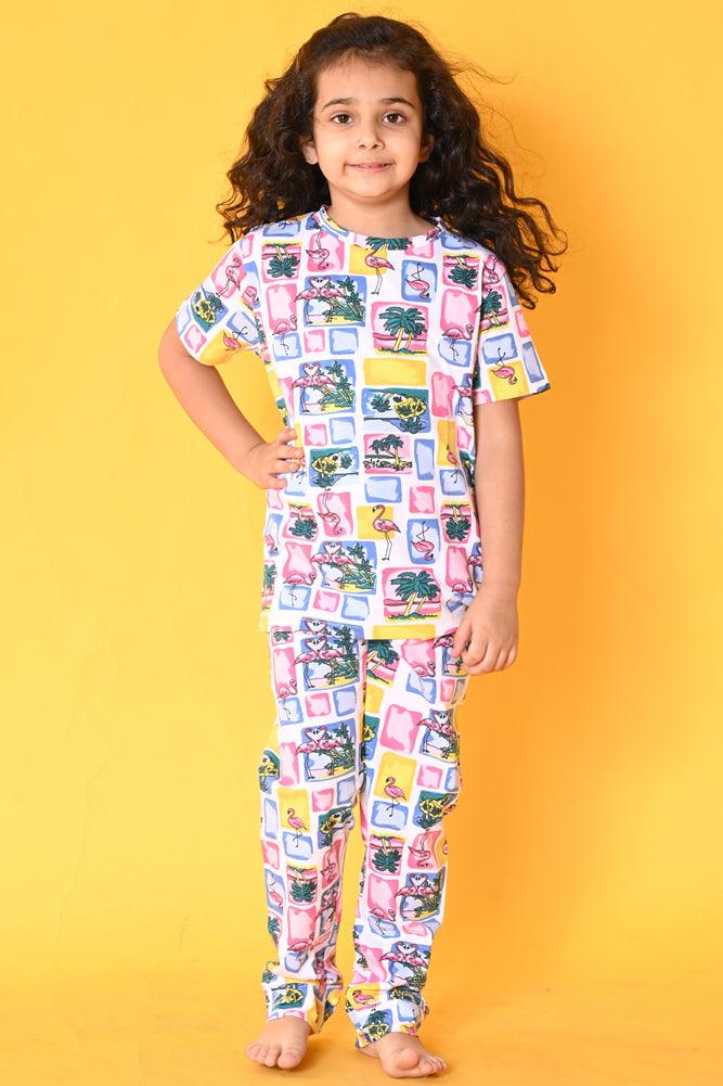 FLAMINGO GIRLS PYJAMA SET - PINK - Anthrilo India