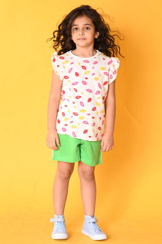 LIPS GREEN SIDE TAPE SHORTS SET - WHITE/GREEN - Anthrilo India