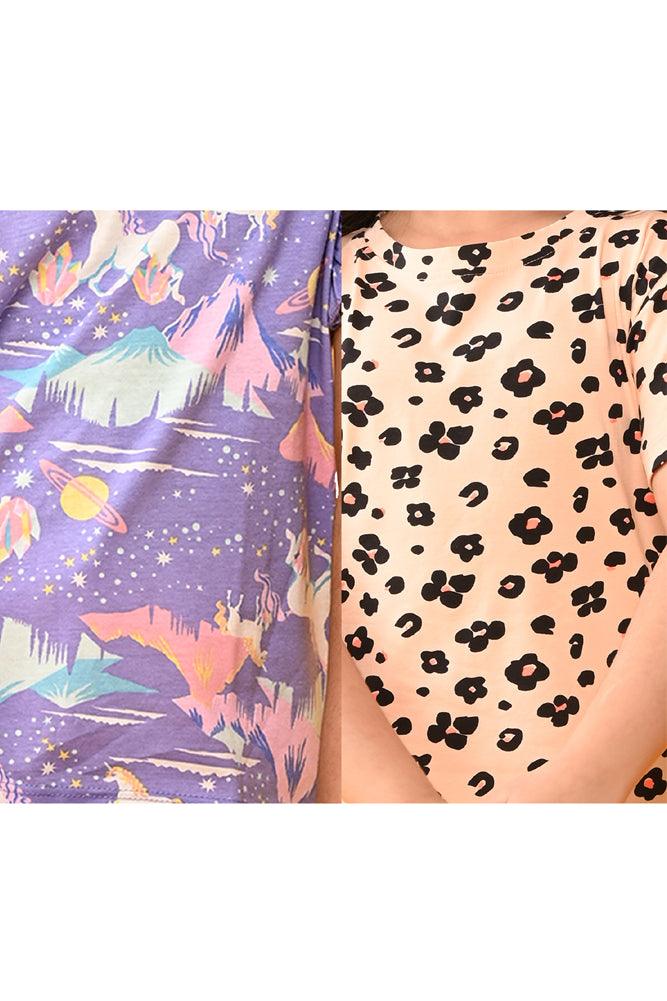LEOPARD PRINT AND UNICORN PLANET SLEEPWEAR SHORTS SET (PACK OF 2) - Anthrilo India