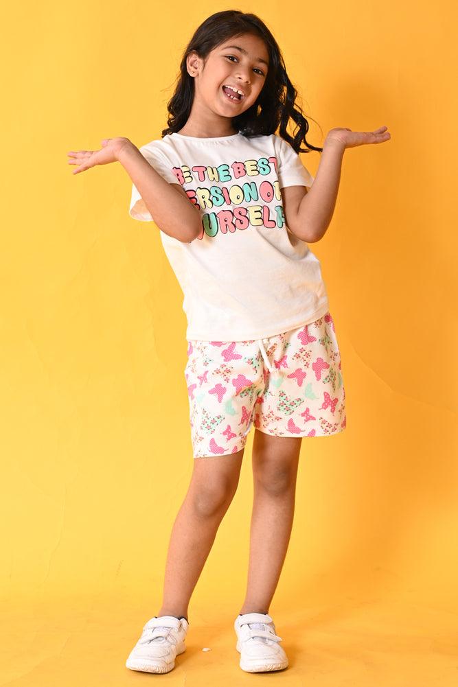 BE YOURSELF BUTTERFLY SHORTS SET- WHITE/PINK - Anthrilo India