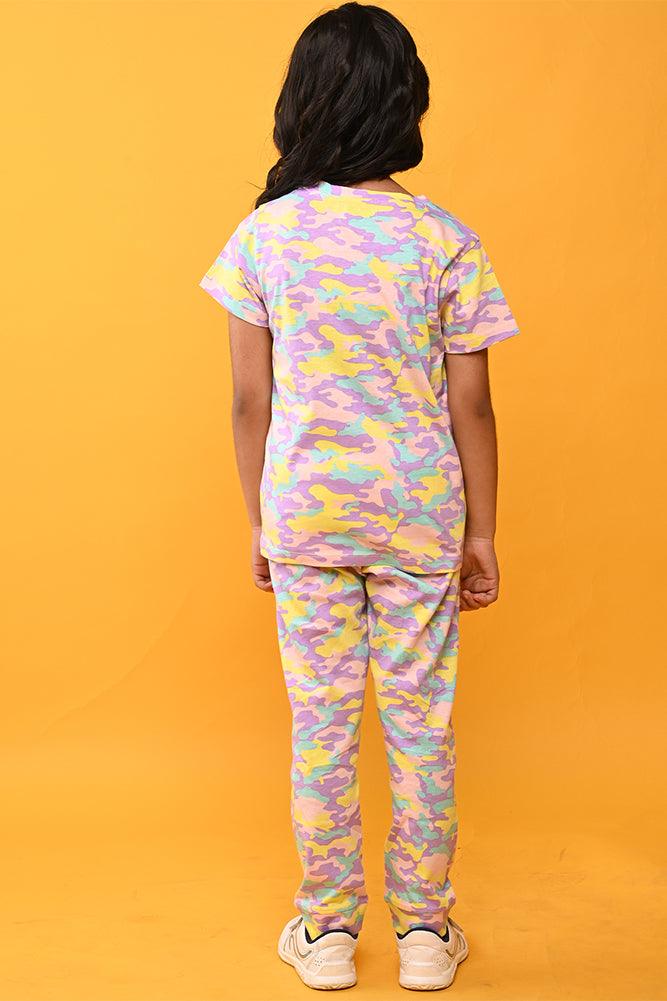 CAMOUFLAGE GIRLS SHORT SLEEVES PYJAMA SET - PINK - Anthrilo India