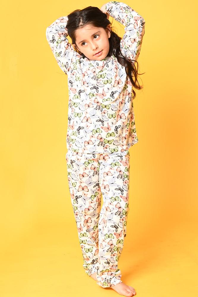 BUTTERFLY WHITE LONG SLEEVES PYJAMA SET - WHITE - Anthrilo Design House