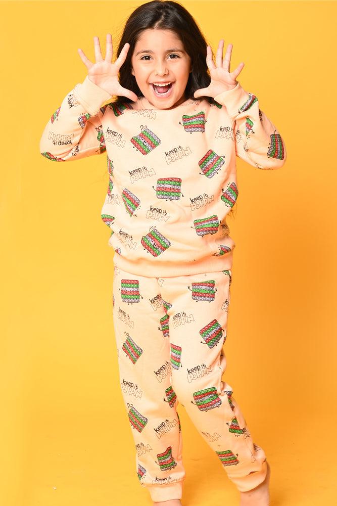 POP IT FLEECE GIRLS SWEATSHIRT JOGGER SET - PEACH - Anthrilo Design House