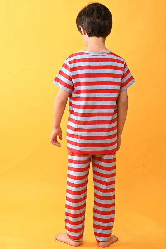 I AM THE FUTURE STRIPED SHORT SLEEVES PYJAMA SET - SKY/RED - Anthrilo India