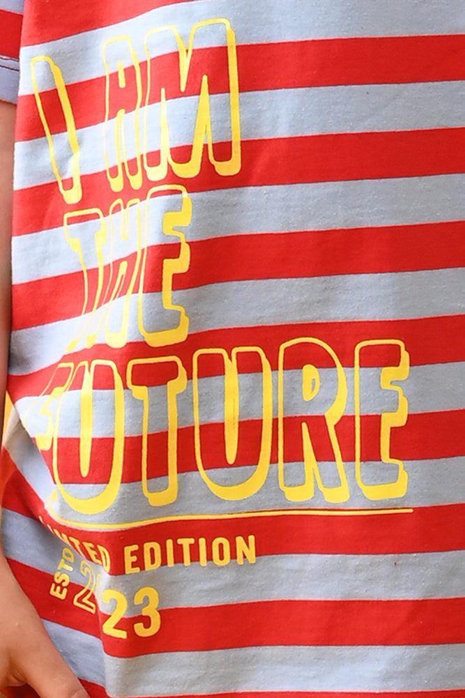 I AM THE FUTURE STRIPED SHORT SLEEVES PYJAMA SET - SKY/RED - Anthrilo India