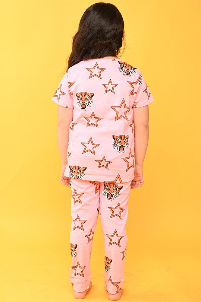 TIGER STAR PINK SHORT SLEEVES PYJAMA SET - PINK - Anthrilo India