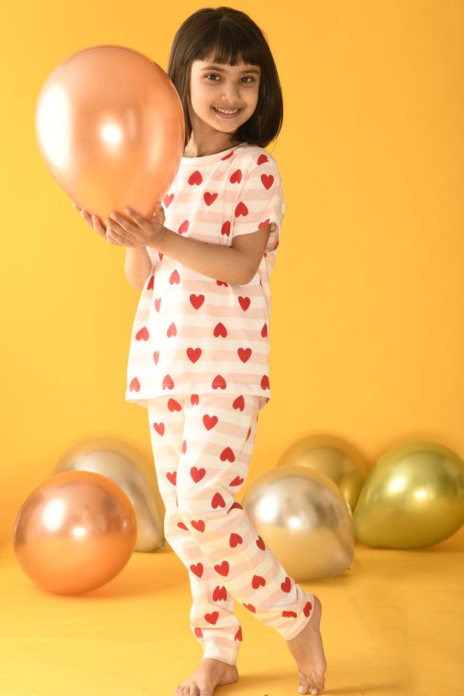 HEART STRIPE SHORT SLEEVES PYJAMA SET - PINK - Anthrilo Design House