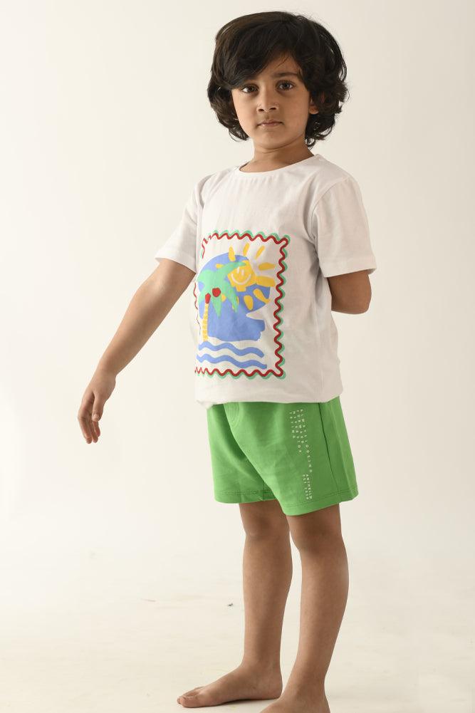 BEACH VIBES GREEN BOYS SHORTS SET - WHITE/GREEN - Anthrilo Design House