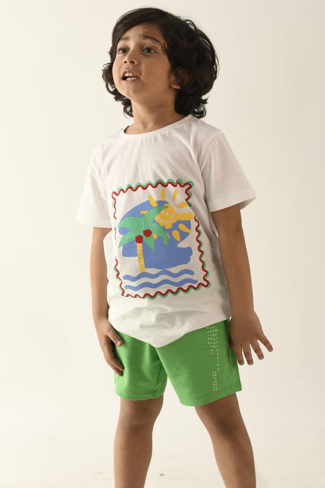 BEACH VIBES GREEN BOYS SHORTS SET - WHITE/GREEN - Anthrilo Design House