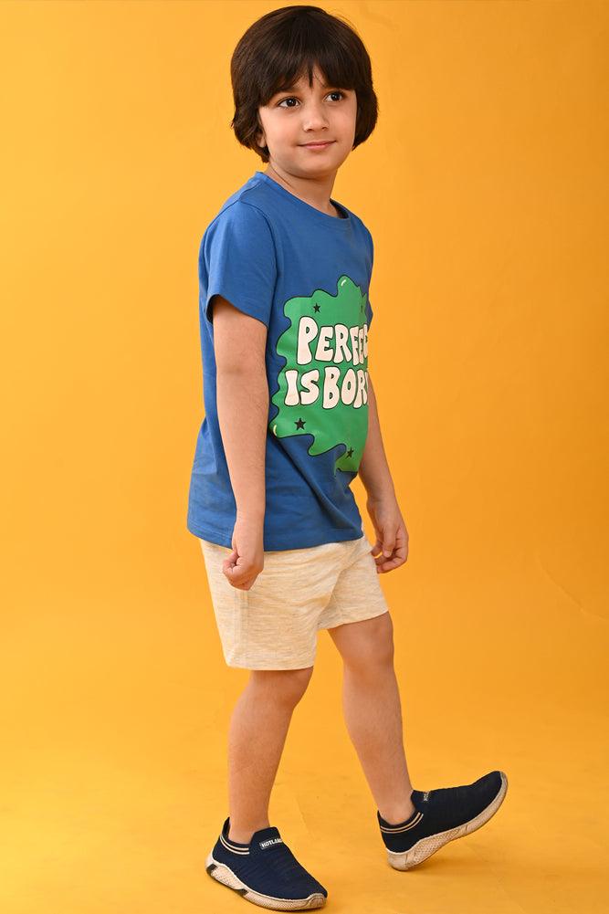 PERFECT IS BORING ECRU MELANGE SHORTS SET - BLUE / ECRU - Anthrilo India