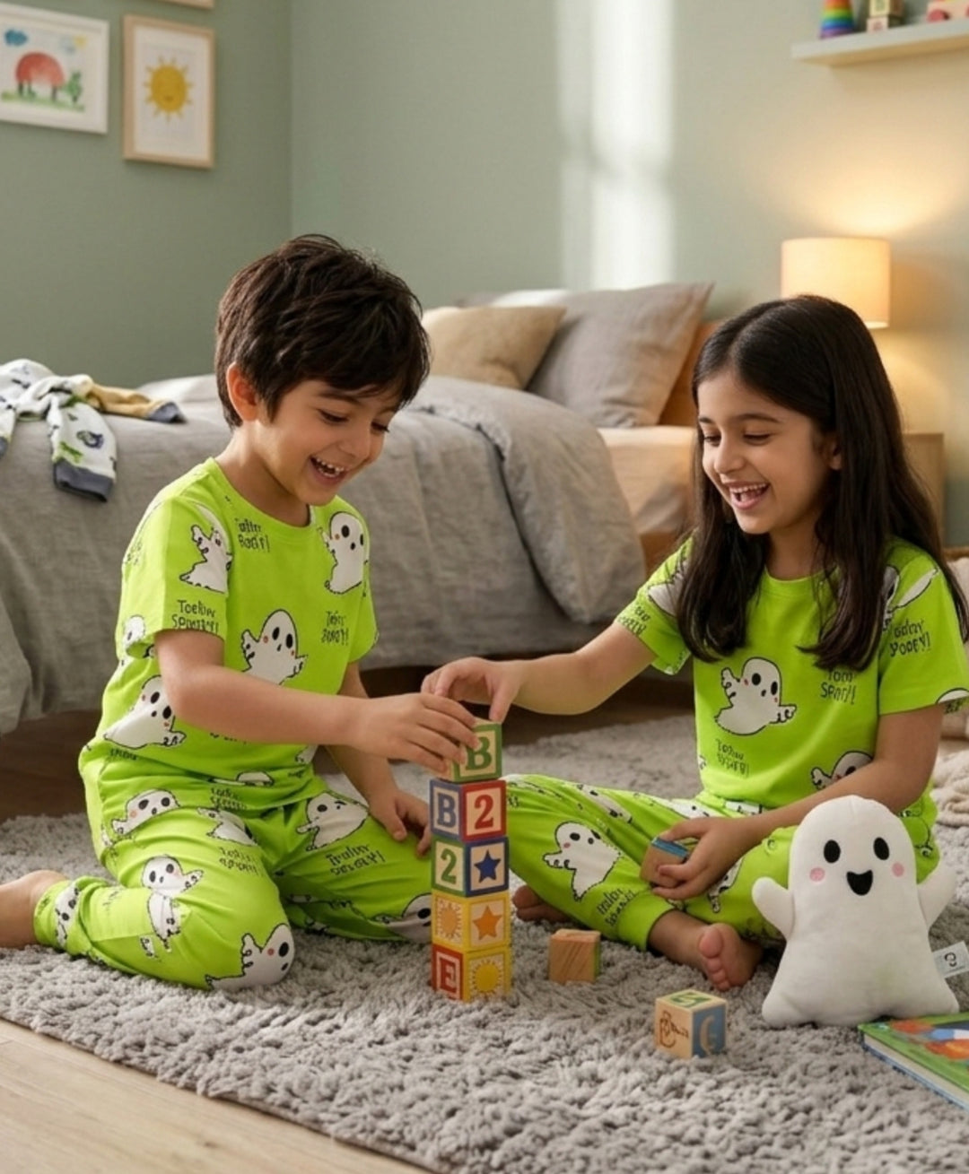 Spooky Short Sleeve Pyjama Set - Lime Green
